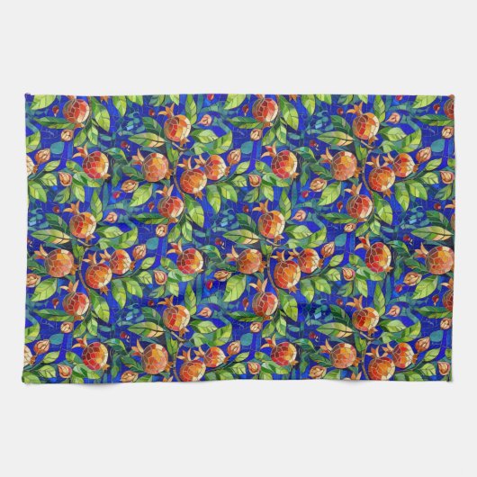 ザクロ模様ダークブルーと赤フルーツモザイク キッチンタオル (横)