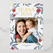 ザクロ花模様Rosh Hashanahフォトカード金ゴールド 箔シーズンカード (正面)