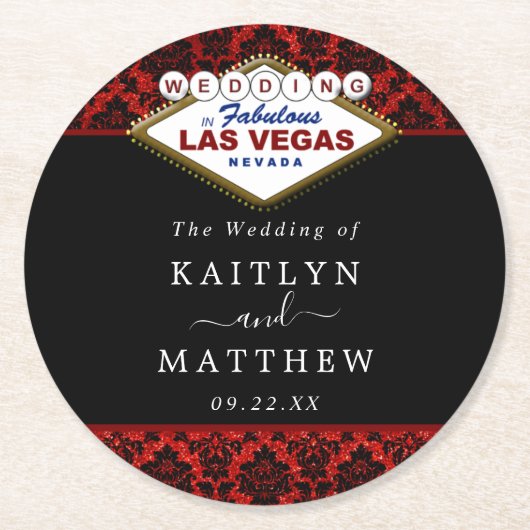 ザグリッターダマスクラスベガス結婚ズコレクション ラウンドペーパーコースター (正面)