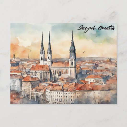 ザグレブクロアチアシティシルエットウォーターカラー ポストカード (正面)