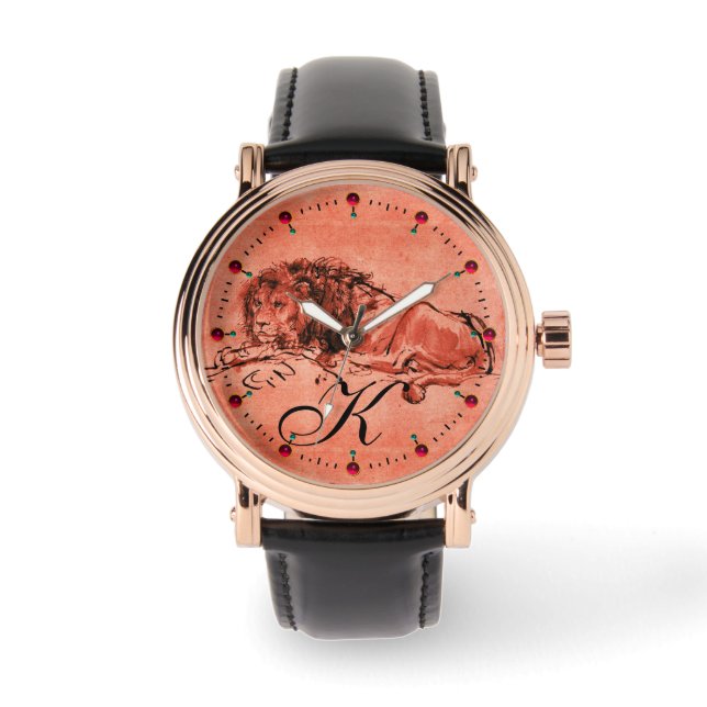 ザケープライオン、横たわるアンティーク赤モノグラム 腕時計 (正面)