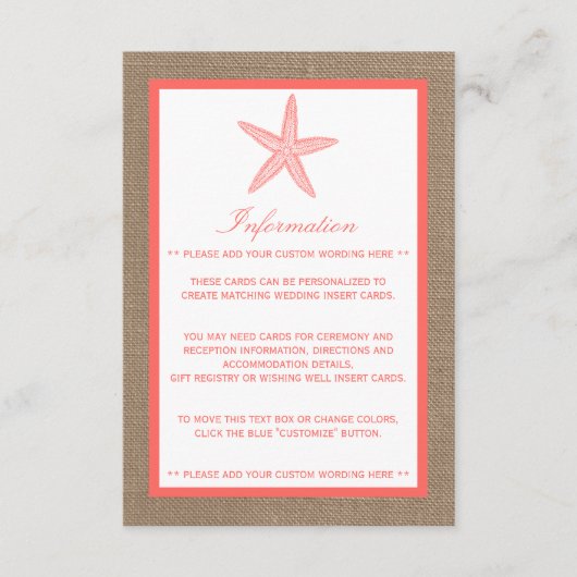ザコーラルスターフィッシュバーラップビーチ結婚式コレクション エンクロージャーカード (正面)