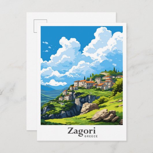 ザゴリギリシャアートヴィンテージトラベルイラストレーション ポストカード (正面/裏面)