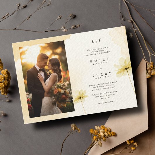 ザゴールデンアワーグレスフォト&モノグラム結婚ズ 招待状