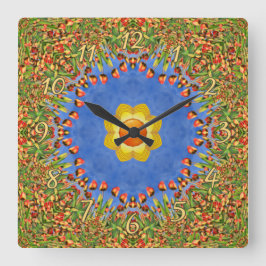 ザサンヴィンテージオレンジイエローブルー万華鏡のように千変万化するパターン スクエア壁時計