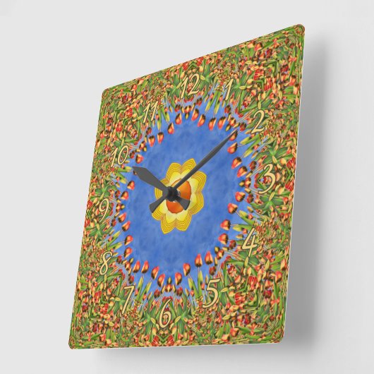 ザサンヴィンテージオレンジイエローブルー万華鏡のように千変万化するパターン スクエア壁時計 (傾斜)