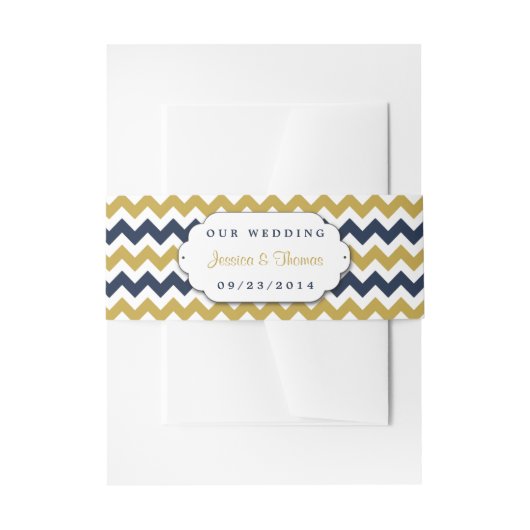 ザシェフモダンロン結婚コレクション – 海軍と金ゴールド 招待状ベリーバンド (正面例)