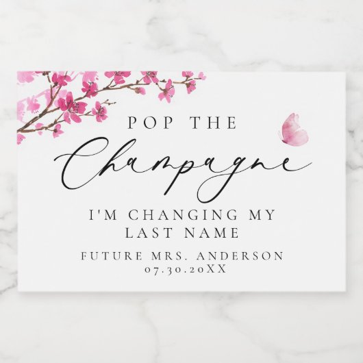 ザシャンパポップ・アートのンさくらんぼブロッサムピンクバタフライ スパークリングワインラベル (シングルラベル)