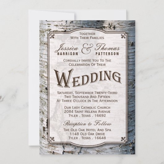 ザシルバー素朴樺の木の木結婚のコレクション 招待状 (正面)