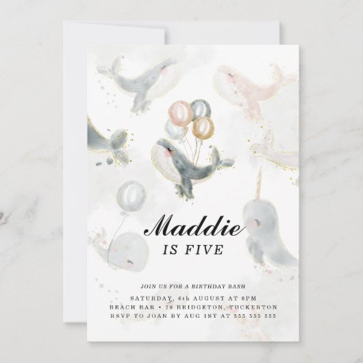 ザシーお洒落クジラ誕生日の下の水彩 招待状 (正面)