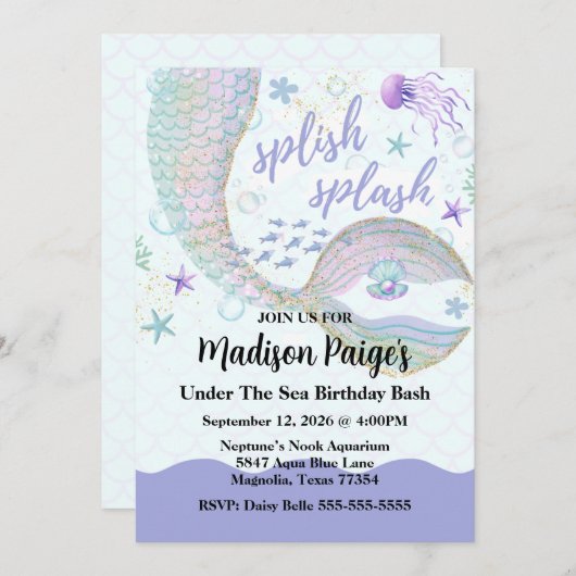 ザシーお洒落マーメイド誕生日 招待状 (正面/裏面)