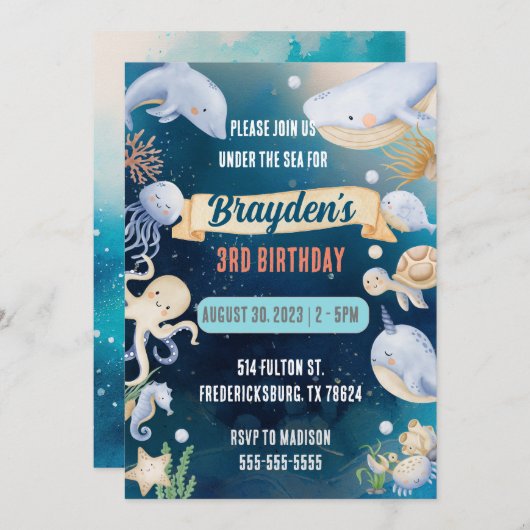 ザシーアニマルズボーイズ航海の誕生日 招待状 (正面/裏面)