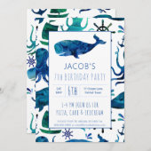 ザシーウォーターカラーキッズクジラ誕生日 招待状 (正面/裏面)