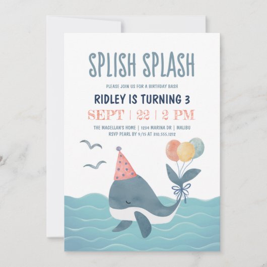 ザシーウォーターカラークジラ誕生日バッシュ 招待状 (正面)