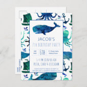 ザシーウォーターカラークジラ誕生日 航海の インビテーションポストカード (正面/裏面)