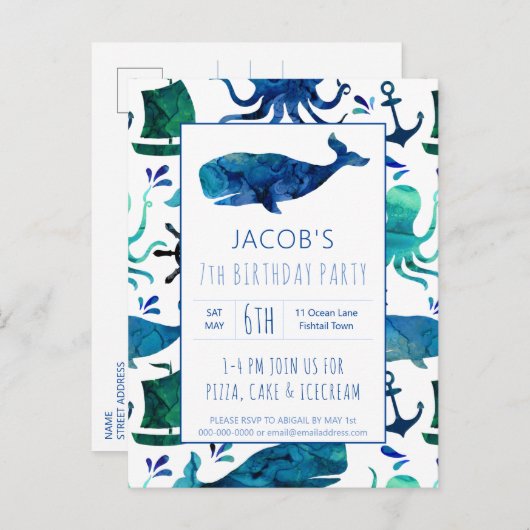 ザシーウォーターカラークジラ誕生日 航海の インビテーションポストカード (正面/裏面)
