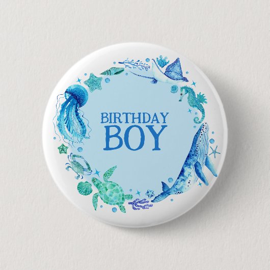 ザシーウォーター色のクジラ誕生日少年 缶バッジ (正面)