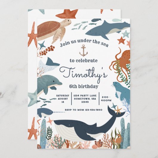 ザシーシャークホエールタートルナール誕生日 招待状 (正面/裏面)