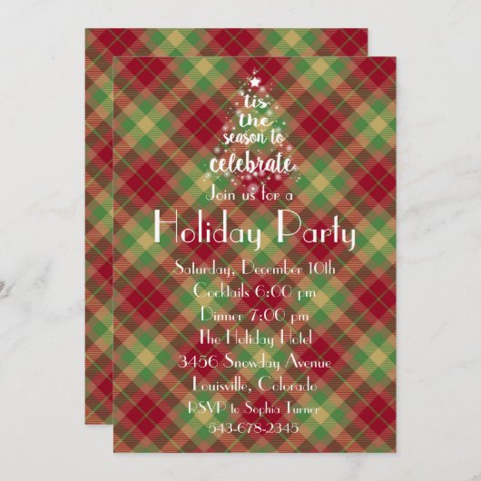 ザシーズングリーンプレイドホリデーパーティー招待状 招待状 (正面/裏面)