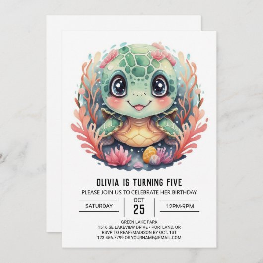 ザシータートルガールお洒落誕生日 招待状 (正面/裏面)