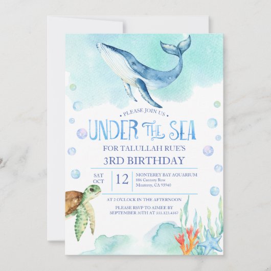 ザシーパーソナライズされた誕生日の下 – 海クジラ 招待状 (正面)