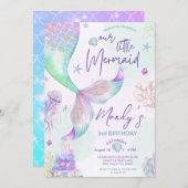 ザシーパープルティール（緑がかった色）リトルマーメイド誕生日 招待状 (正面/裏面)