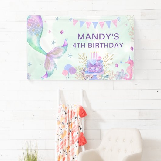ザシーパープルティール（緑がかった色）リトルマーメイド誕生日 横断幕 (インサイチュ)