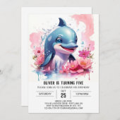 ザシーピンクドルフィンパーティー誕生日 招待状 (正面/裏面)