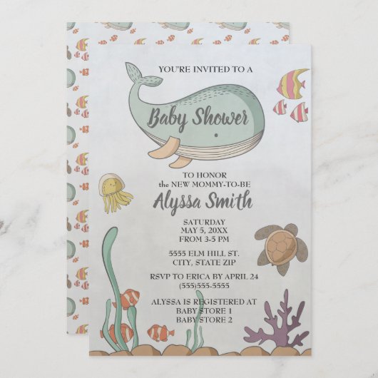 ザシーフィッシュタートルベビーシャワー招待状 招待状 (正面/裏面)