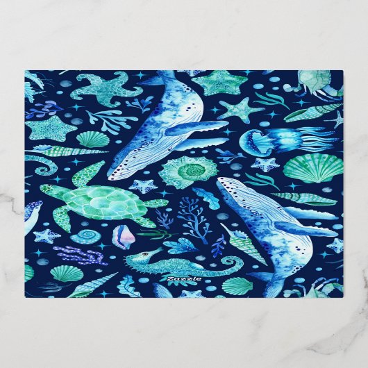 ザシーホエールウォーター色ネイビーブルー誕生日 箔招待状 (裏面)