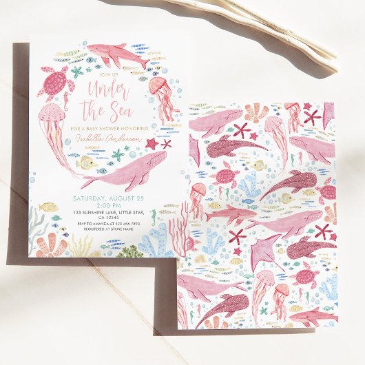 ザシーホエールガールのベビーシャワーの下 招待状