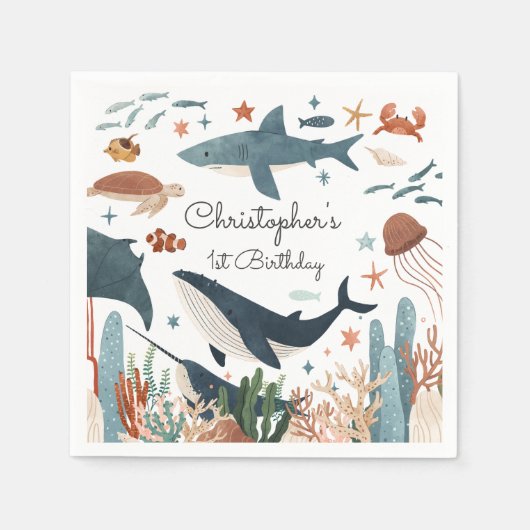 ザシーホエールシャーク海の生活の下で1日の誕生日 スタンダードカクテルナプキン (正面)