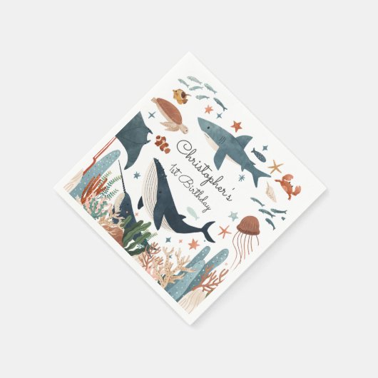 ザシーホエールシャーク海の生活の下で1日の誕生日 スタンダードカクテルナプキン (角)
