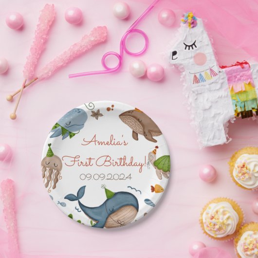 ザシーホエールシャーク海の生活の下で1日の誕生日 ペーパープレート (パーティー)