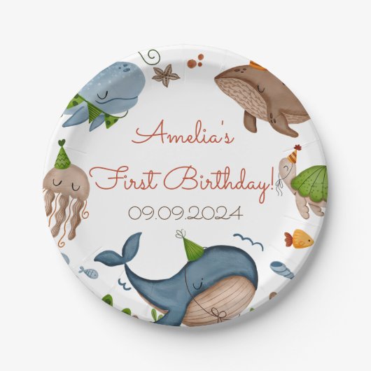 ザシーホエールシャーク海の生活の下で1日の誕生日 ペーパープレート (正面)