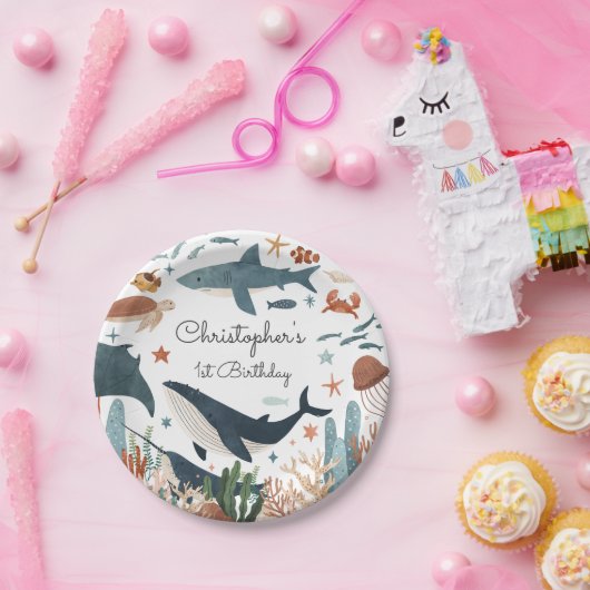 ザシーホエールシャーク海の生活の下で1日の誕生日 ペーパープレート (パーティー)