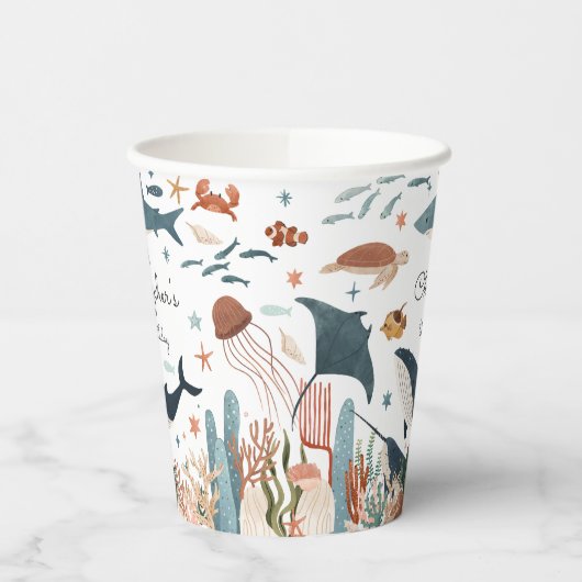 ザシーホエールシャーク海の生活の下で1日の誕生日 紙コップ (左)