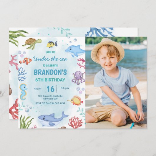 ザシーホエールシャーク誕生日写真 招待状 (正面/裏面)