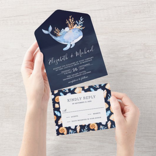 ザシーホエールネイビーブルー航海のズ結婚の オールインワン招待状 (貼ってはがせる)
