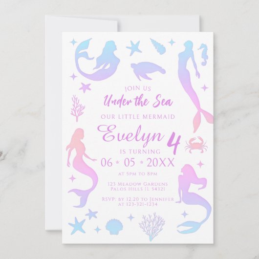 ザシーマーメイドシルエット誕生日ガール 招待状 (正面)