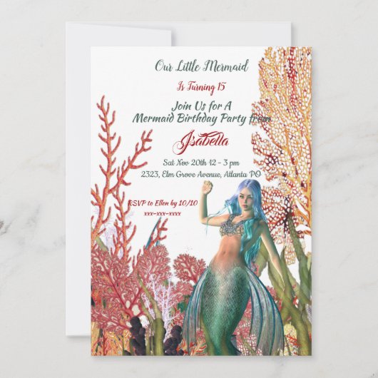 ザシーマーメイドトロピカルコーラルリーフ誕生日 招待状 (正面)