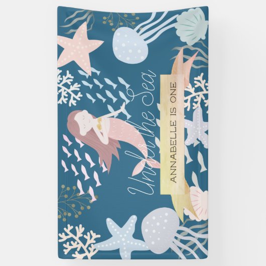 ザシーマーメイドネイビーブルー誕生日バナー 横断幕 (縦)