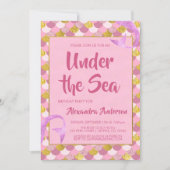 ザシーマーメイドピンクと金ゴールド誕生日 招待状 (正面)