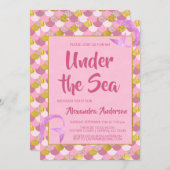 ザシーマーメイドピンクと金ゴールド誕生日 招待状 (正面/裏面)