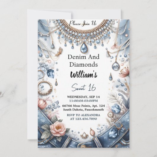 ザジェムエレガントデニきらきら光るム&ダイアモンズスウィート16 招待状 (正面)