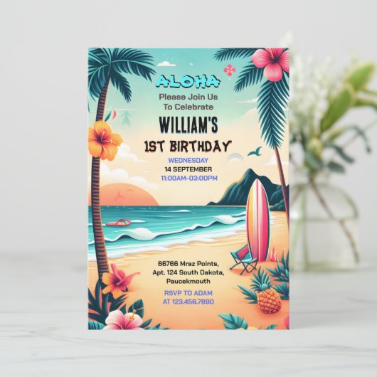 ザジョイフラルアウ(ハワイ式宴会)サーフアロハハワイアン1st誕生日 招待状 (スタンド正面)