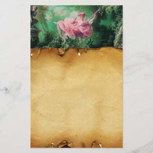 ザスイング、ブラウンパーチメント、グリーンピンク明るい赤紫色 便箋 (正面)