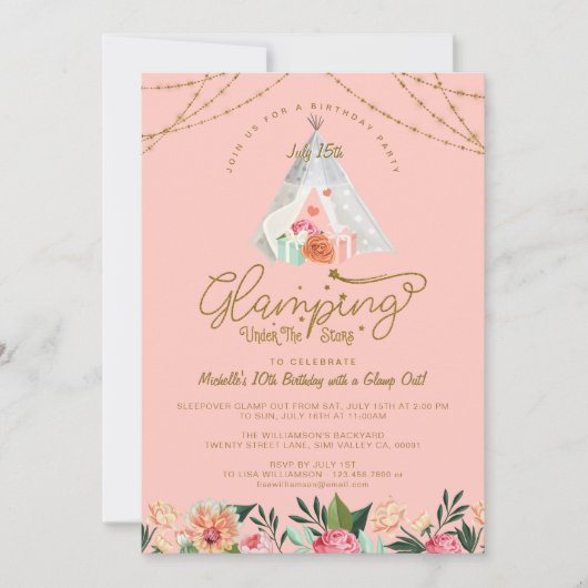 ザスターズの下でグランピングティーピーピンク&金ゴールドキャンプ 招待状 (正面)