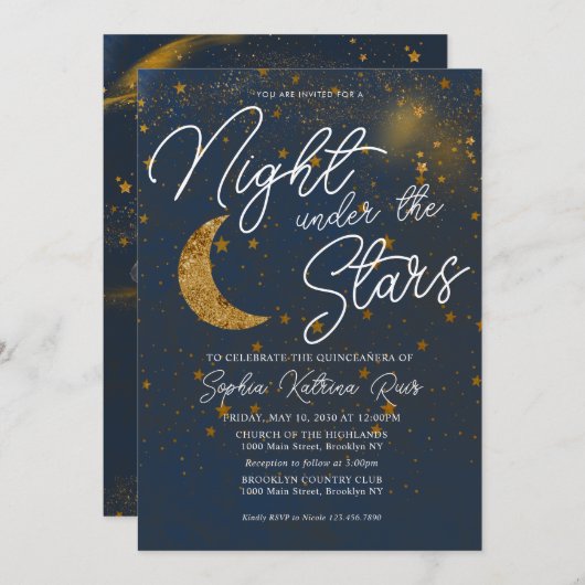 ザスターズスタイリッシュブルー金ゴールドムーンキンセアニラ 招待状 (正面/裏面)