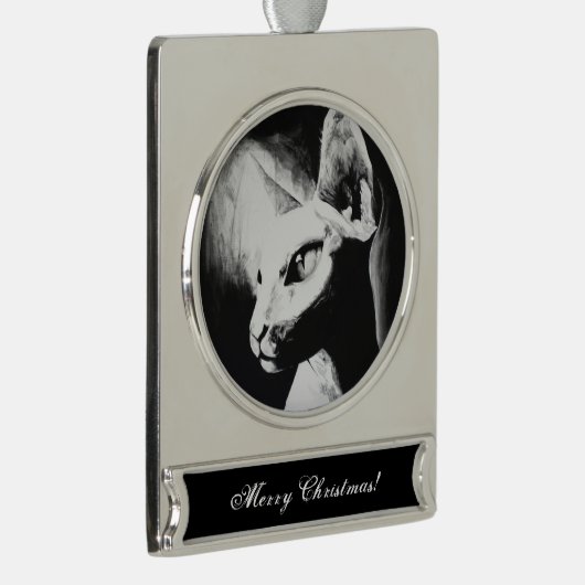 ザスフィンクス猫ヘアレス子猫ペット白黒アート シルバープレートバナーオーナメント (右)